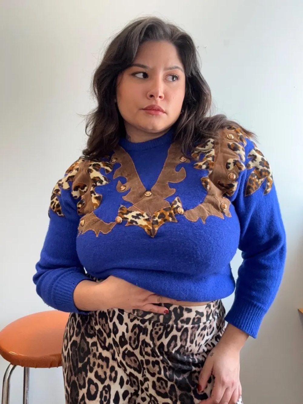 Cavalini Royal Blue Knit Sweater with Brown Trim